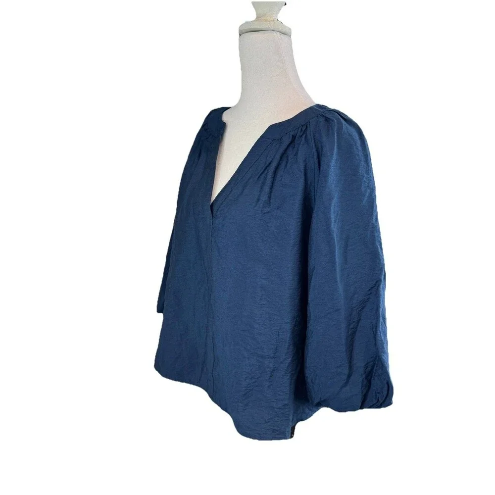 Sonoma Goods for Life Blouse SIZE L Navy Blue Balloon Sleeve Y-neck Shirred NWT